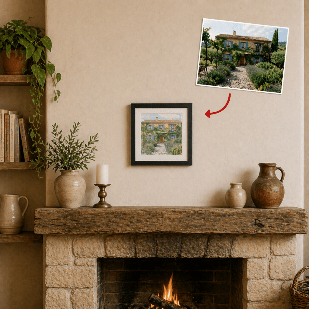 Photo maison convertie en dessin encadré